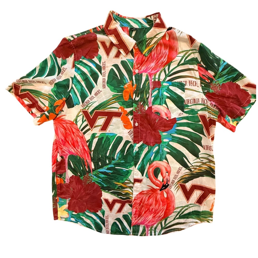 Virginia Tech Hokies Tropical Flamingo Floral Button Down‎ Shirt Mens XL Cotton